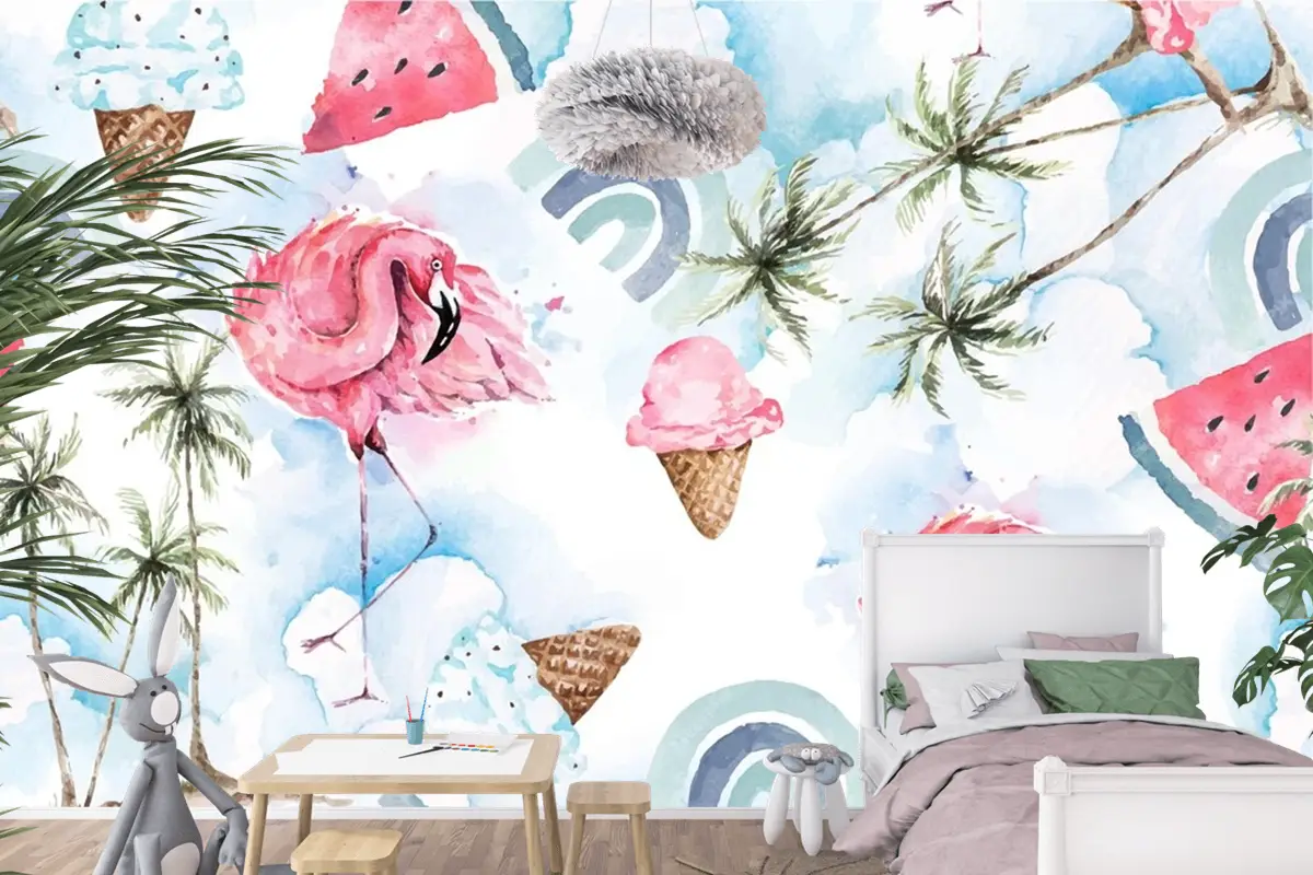Dikişsiz Desen Palmiye Ağacı Ve Flamingo Çocuk Odası Duvar Kağıdı