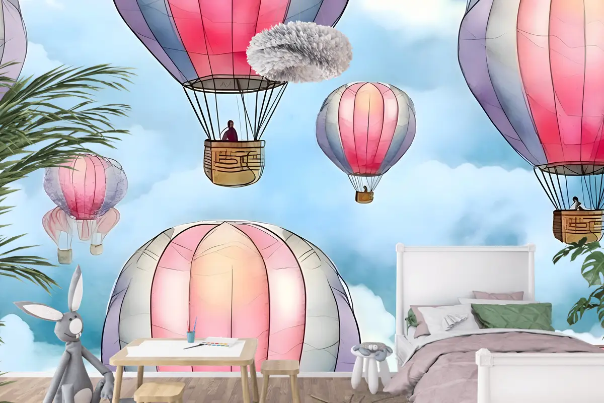 Gökyüzünde Renkli Sıcak Hava Balonları Ile Kusursuz Desen Çocuk Odası Duvar Kağıdı
