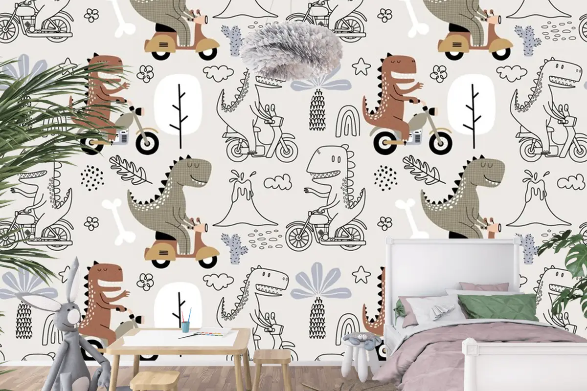Sevimli Dinozorun Motosiklete Bindiği Kusursuz Desen Çocuk Odası Duvar Kağıdı