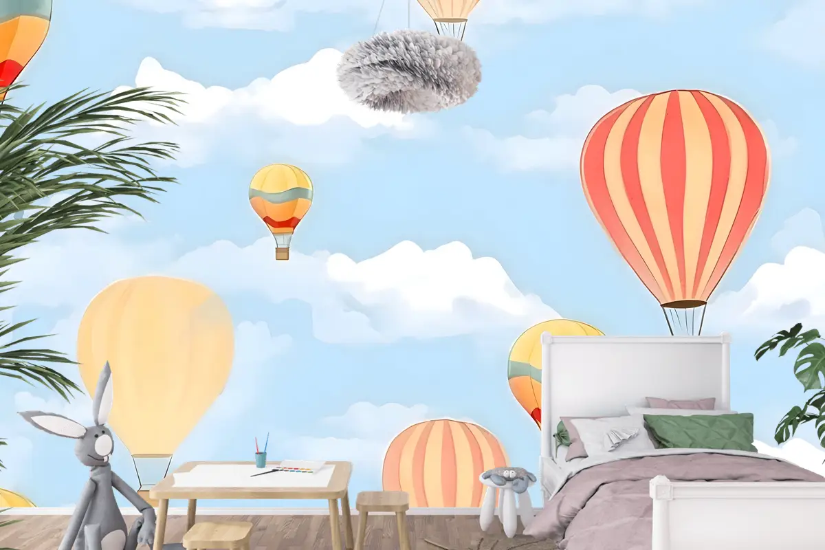 Gökyüzünde Sıcak Hava Balonları Ile Dikişsiz Desen Çocuk Odası Duvar Kağıdı