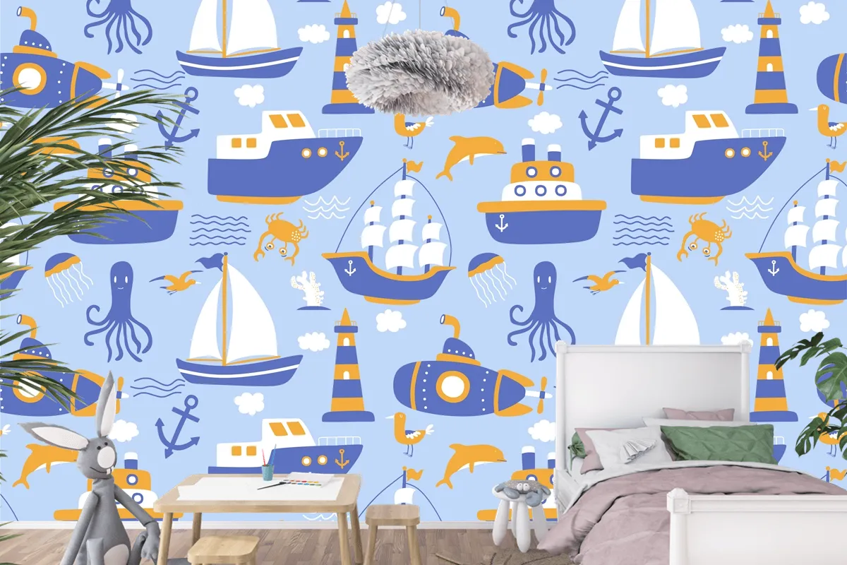 Gemiler Ile Seamless Modeli Çocuk Odası Duvar Kağıdı