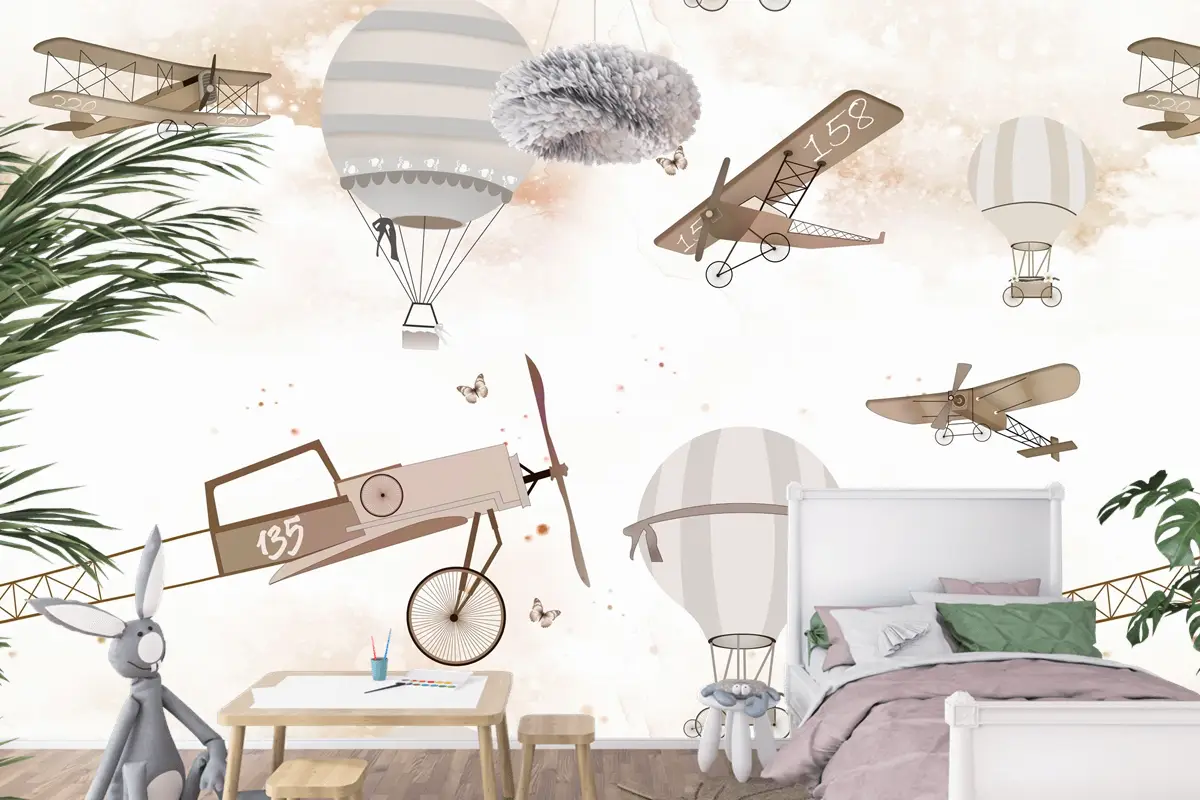 Sepya Uçaklar ve Sıcak Hava Balonları Temalı Çocuk Odası Duvar Kağıdı