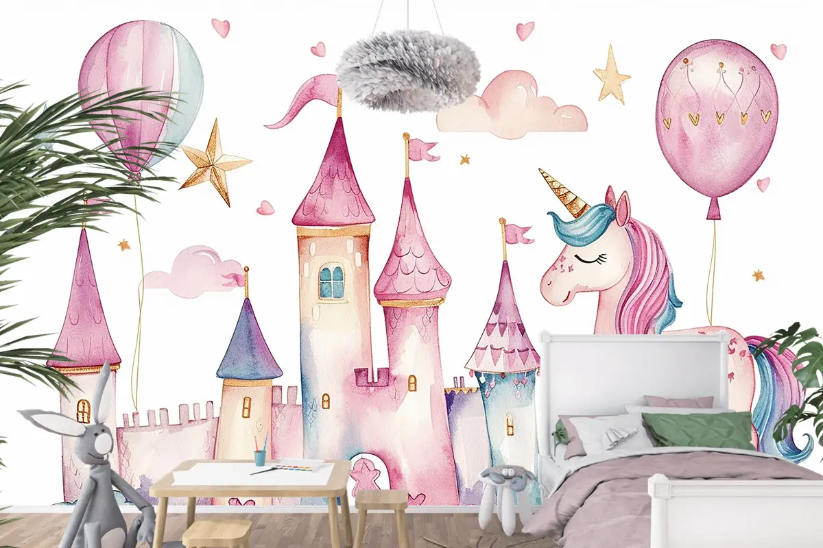 Çocuklar İçin Sevimli Suluboya Krallık Tek Boynuzlu At Ve Kale Seti Doğum Günü Partisi Çocuk Odası Duvar Kağıdı