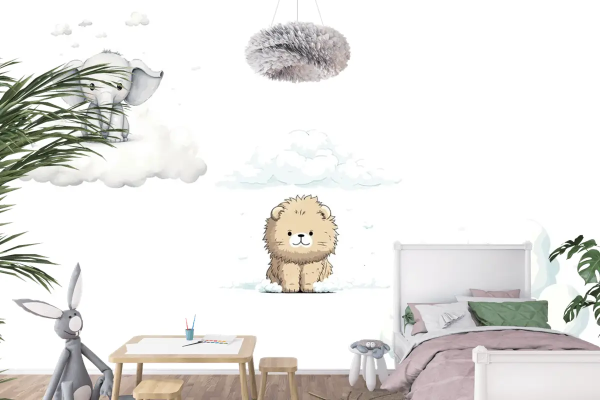 Sute Bebek Komik Hayvanlar Fil Zürafa Aslan Çocuk Odası Duvar Kağıdı Seti