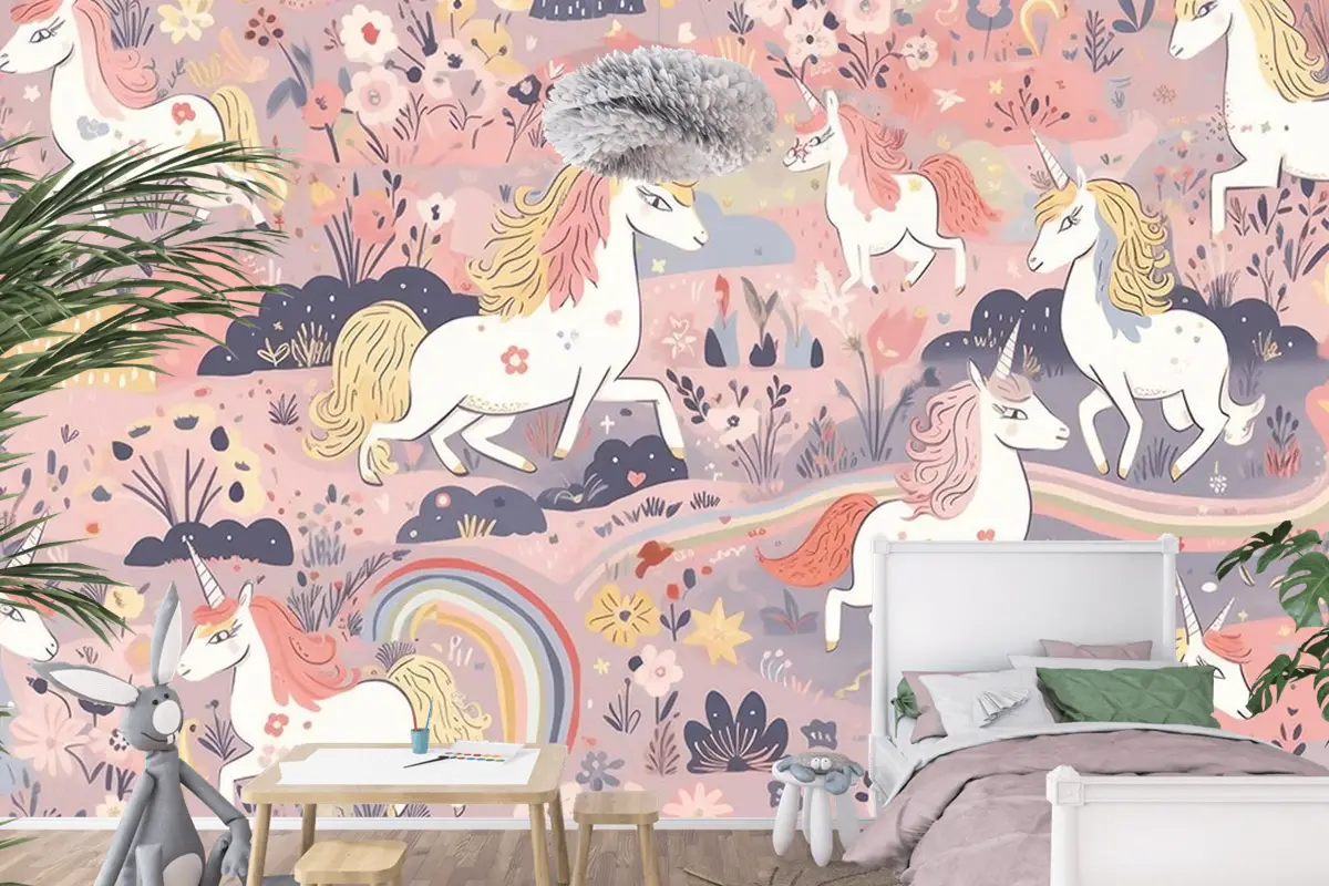 Sevimli Boynuzlu Atlar Çocuk Odası Duvar Kağıdı