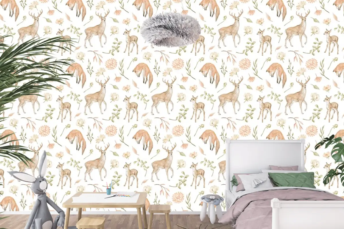 Sevimli Geyikler Ve Yapraklar Çocuk Odası Duvar Kağıdı