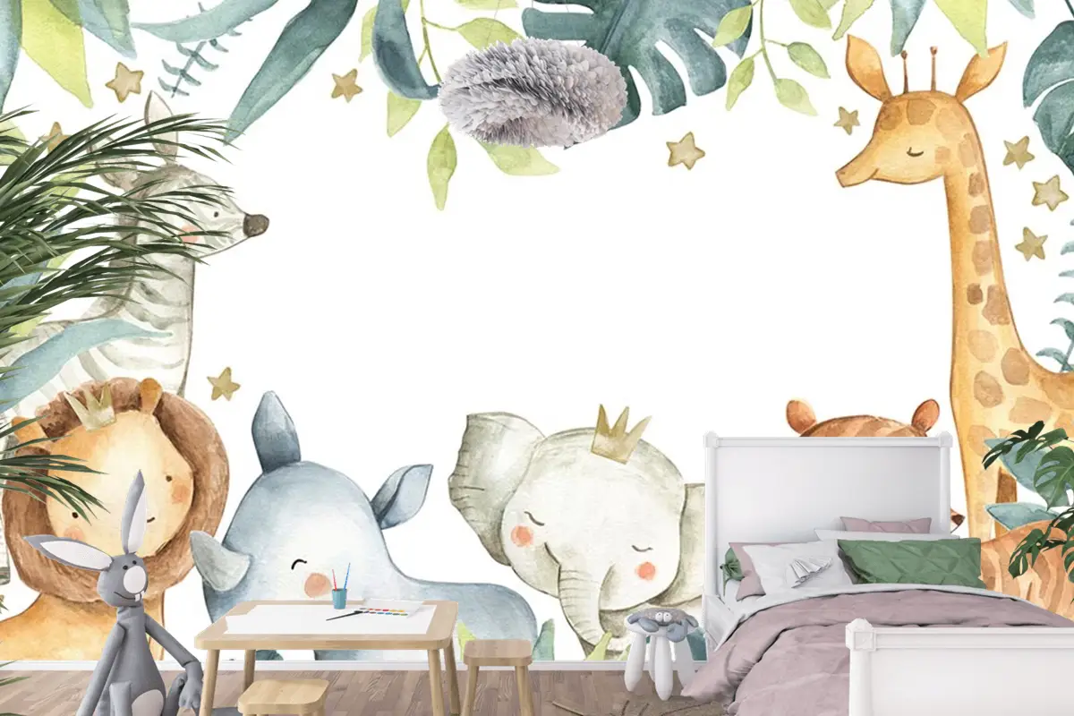 Sevimli Hayvanlar Tropikal Yapraklar Çocuk Odası Duvar Kağıdı