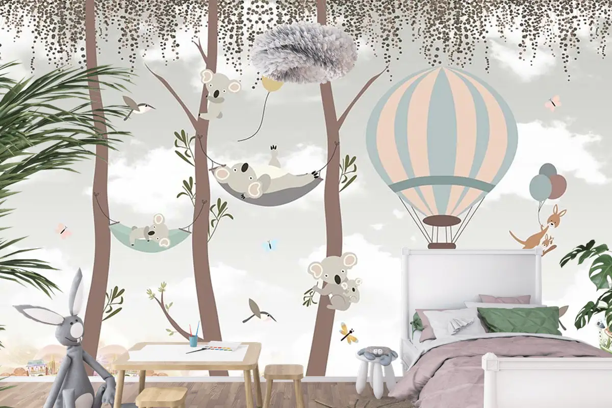 Sevimli Koalalar Ve Uçan Balonlar Çocuk Odası Duvar Kağıdı