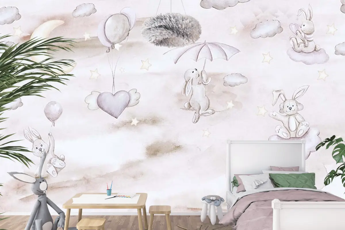 Sevimli Tavşanlar Bulutların Üzerinde Çocuk Odası Duvar Kağıdı