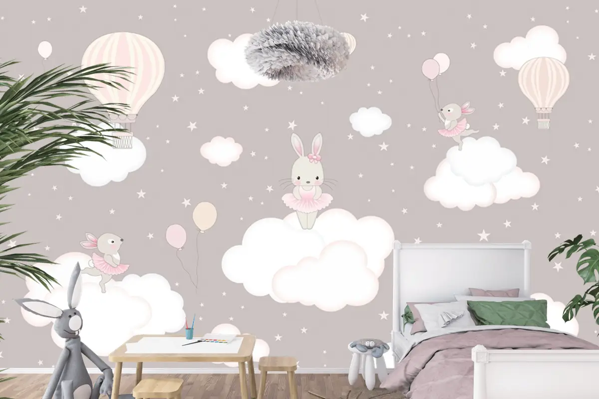 Sevimli Tavşanlar Ve Bulutlar Çocuk Odası Duvar Kağıdı Sevimli Tavşanlar Ve Bulutlar Çocuk Odası Duvar Kağıdı