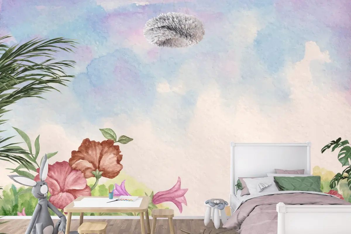 Gökyüzü Görünümü Suluboya Manzara Arka Plan Çiçekli Çocuk Odası Duvar Kağıdı