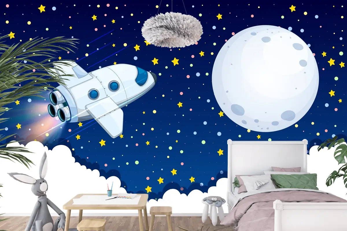 Aya Uçan Uzay Gemisi Çocuk Odası Duvar Kağıdı