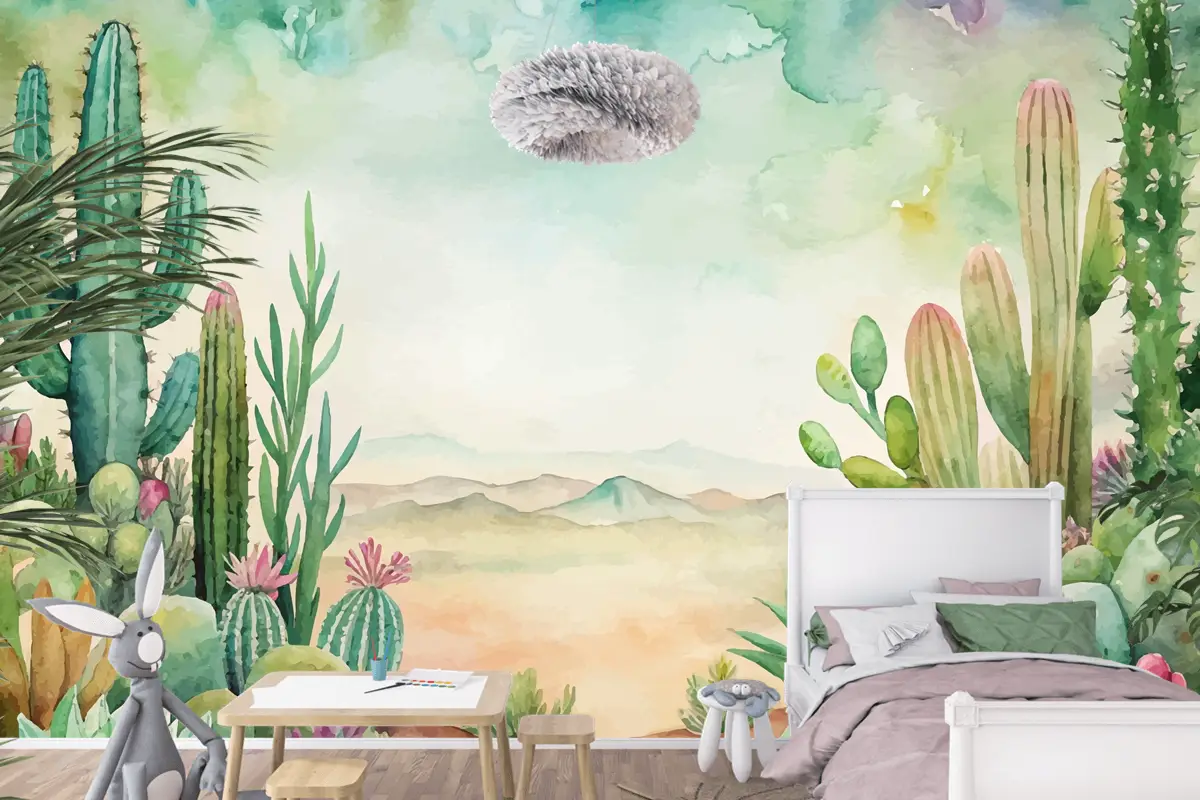 Etli Ve Kaktüs Suluboya Arka Plan Çocuk Odası Duvar Kağıdı