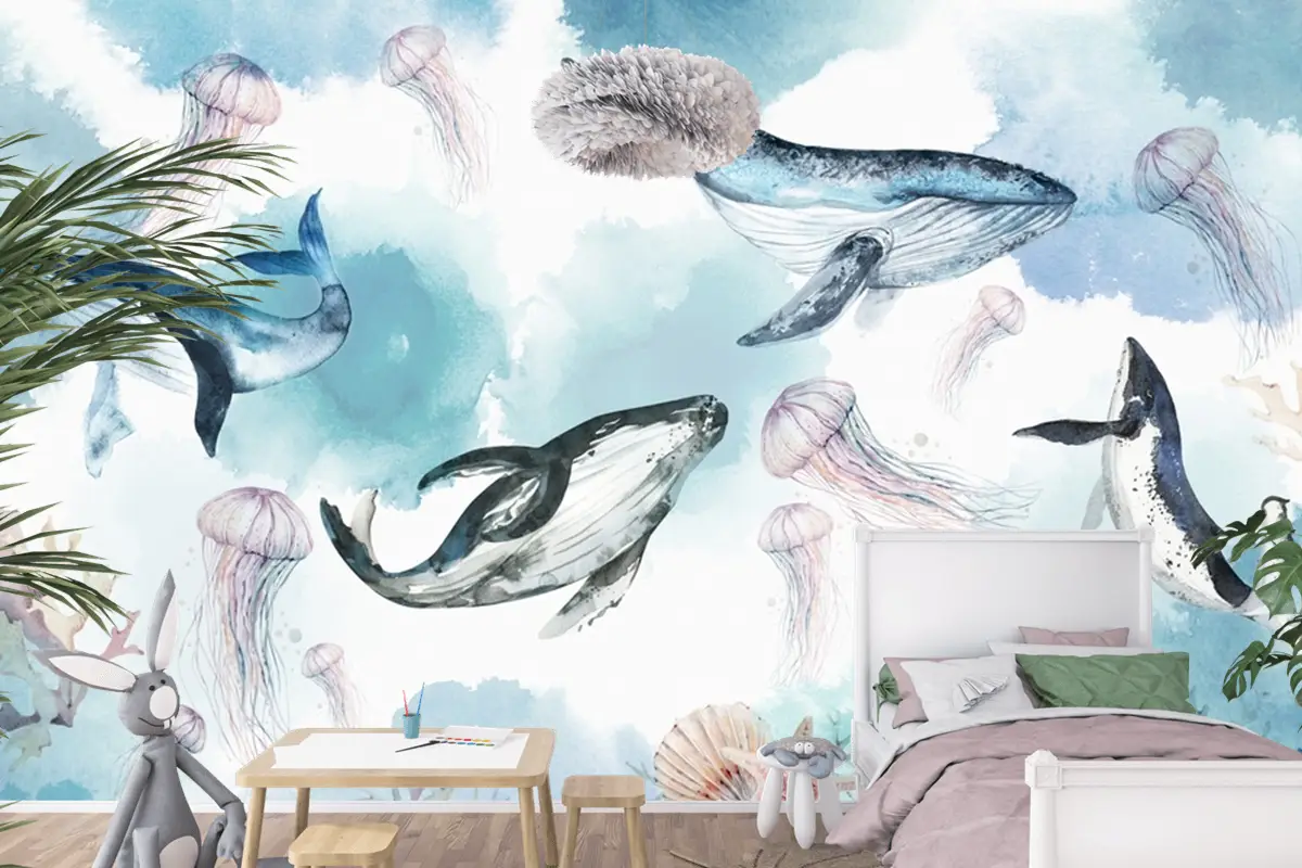 Suluboya Balinalar Deniz Yaşamı Çocuk Odası Duvar Kağıdı