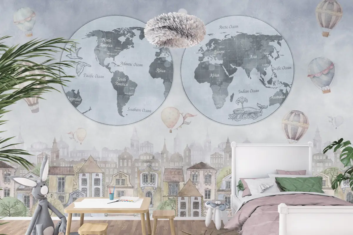 Suluboya Köy Seti Ve Retro Dünya Haritası Çocuk Odası Duvar Kağıdı