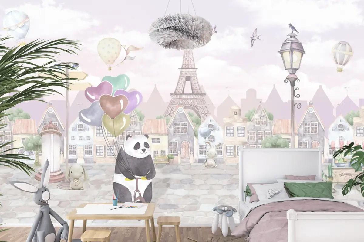 Suluboya Paris Sokağı Eski Şehir Bisikletli Panda Çocuk Bebek Odası Duvar Kağıdı