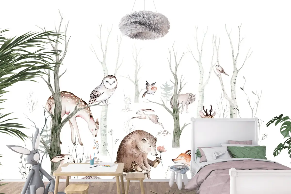 Tilki Geyik Ayı ve Orman Hayvanları Çocuk Odası Duvar Kağıdı