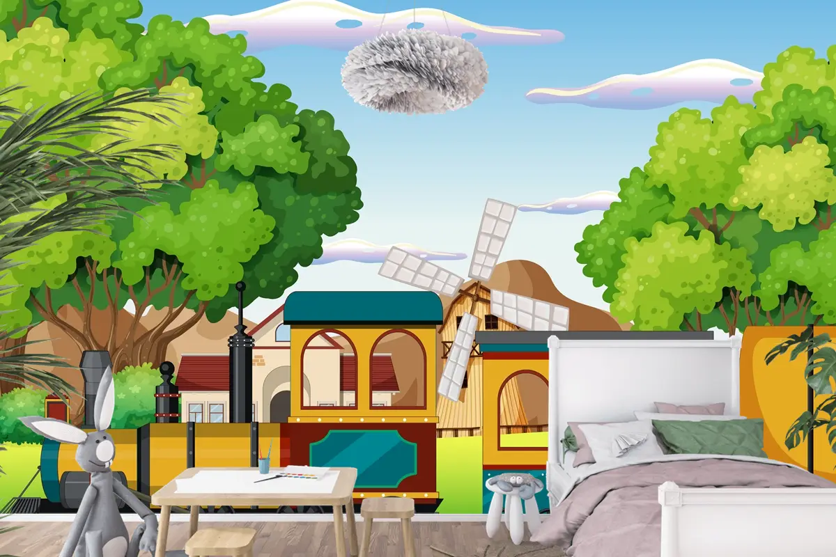 Doğal Sahneli Tren Çocuk Odası Duvar Kağıdı