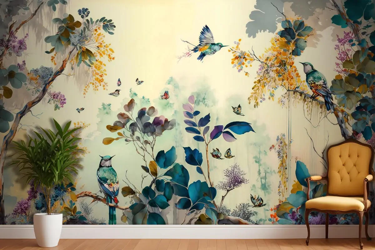 Tropikal Kuşlar Sarı Temalı Duvar Kağıdı