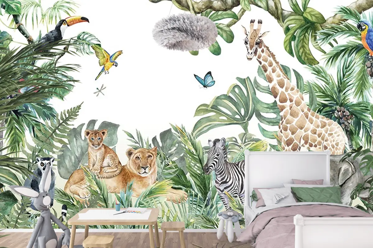 Tropikal Safari Hayvanlari Çocuk Odası Duvar Kağıdı