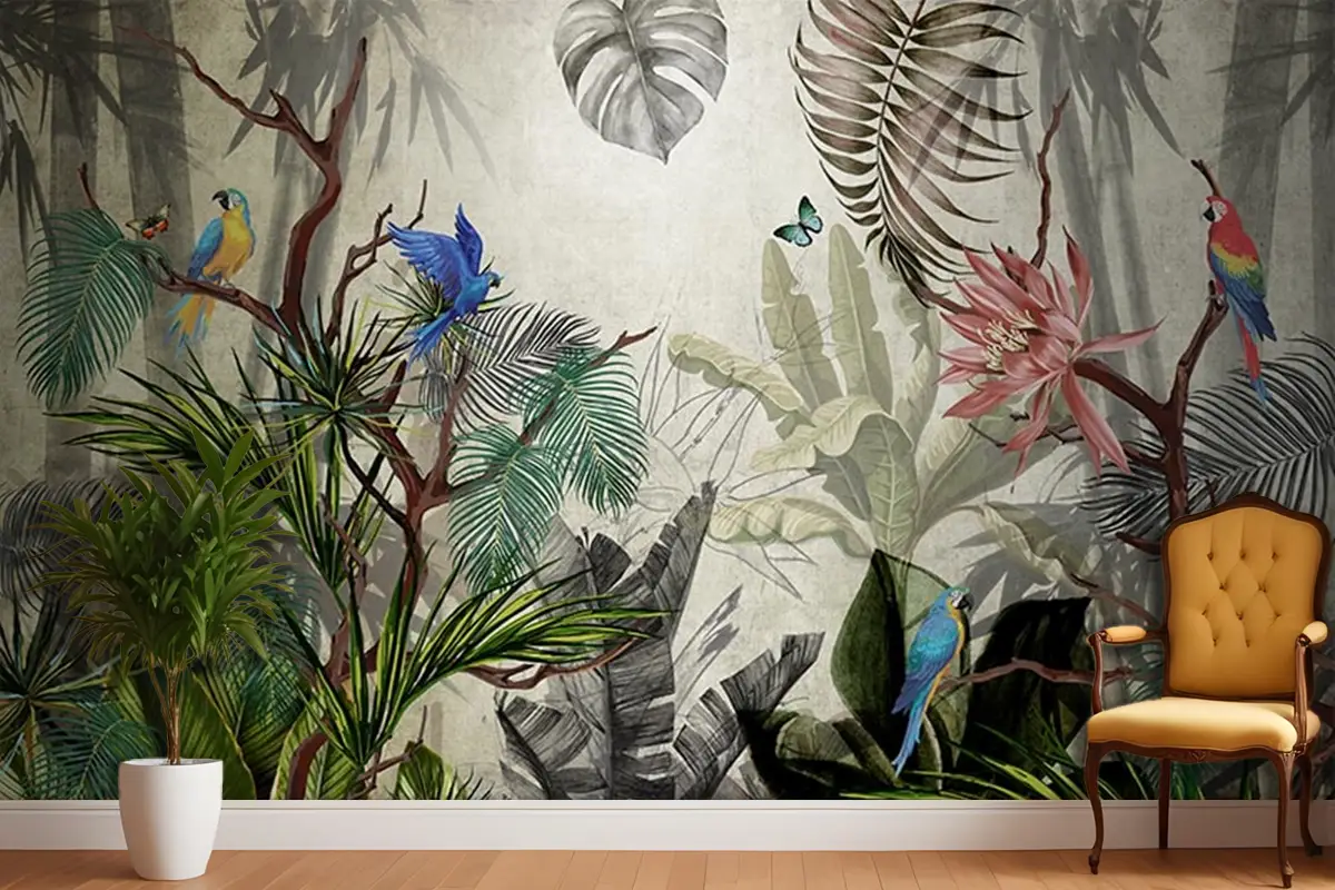 Tropikal Yeşil Yapraklar Ve Çiçekler Duvar Kağıtları