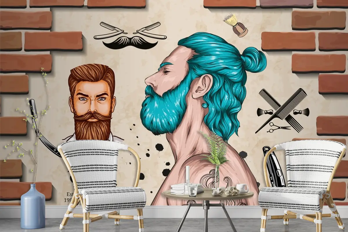 Tuğla Taş Duvar Mavi Saç Erkek Berber Duvar Kağıdı