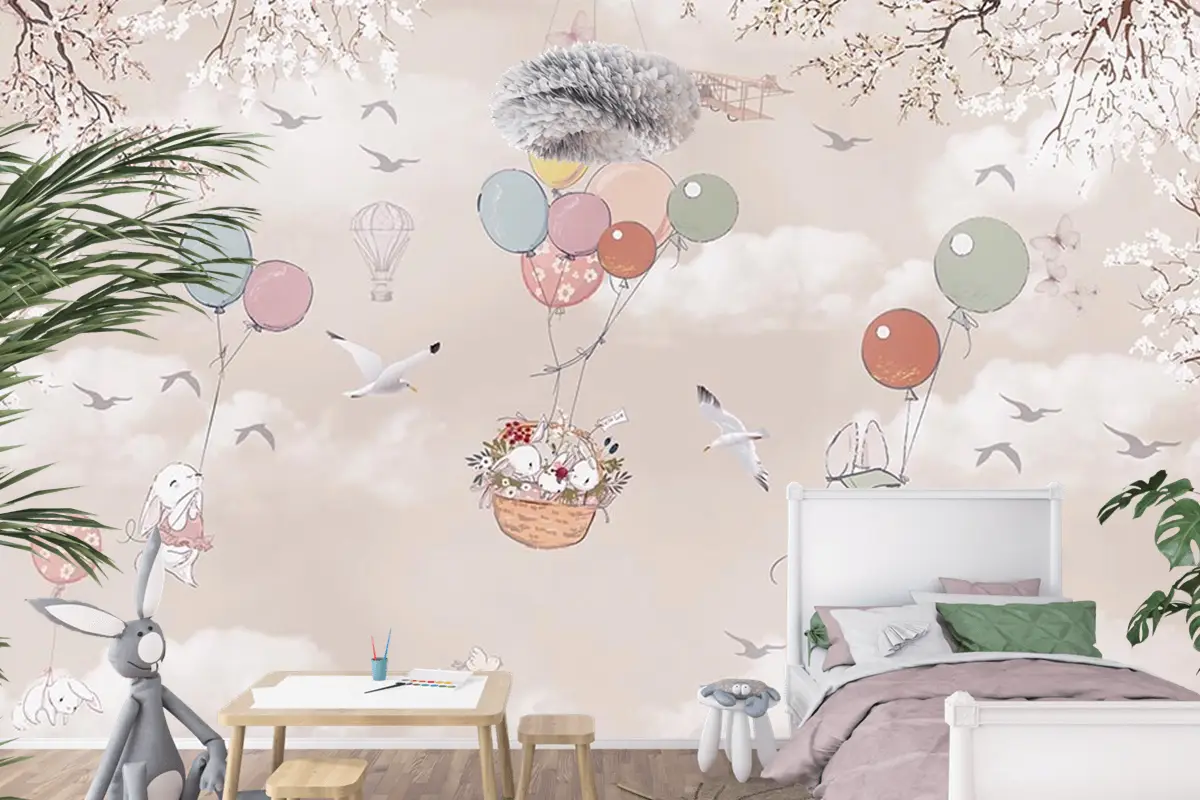 Uçan Balonlar Ve Sevimli Tavşanlar Çocuk Odası Duvar Kağıdı