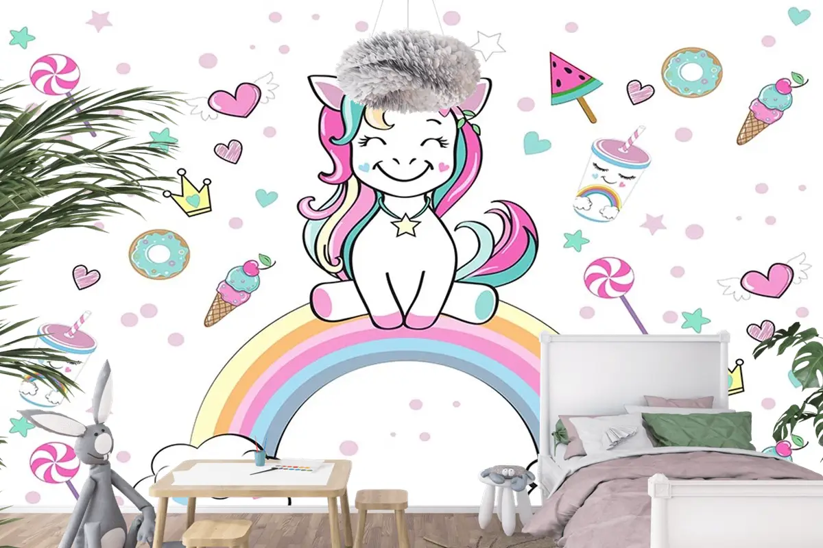 Unicorn Gökkuşağı Çocuk Odası Duvar Kağıdı