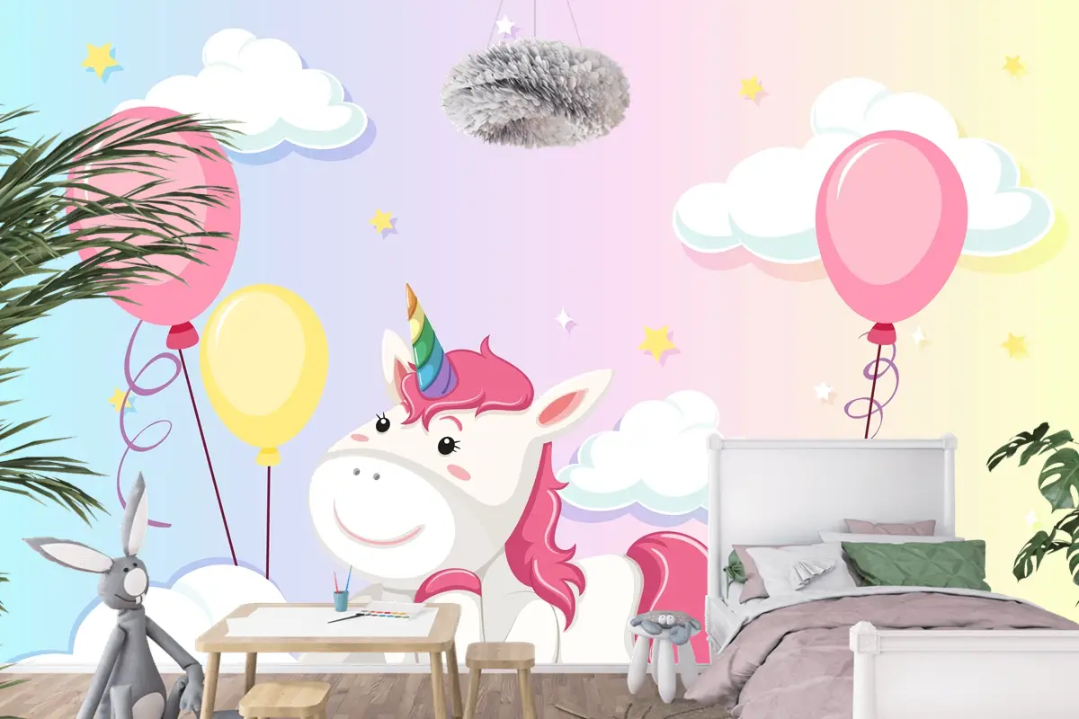 Tek Boynuzlu At Renkli Pastel Gökyüzü Arka Planında Bulutun Üzerinde Yatıyordu Çocuk Odası Duvar Kağıdı