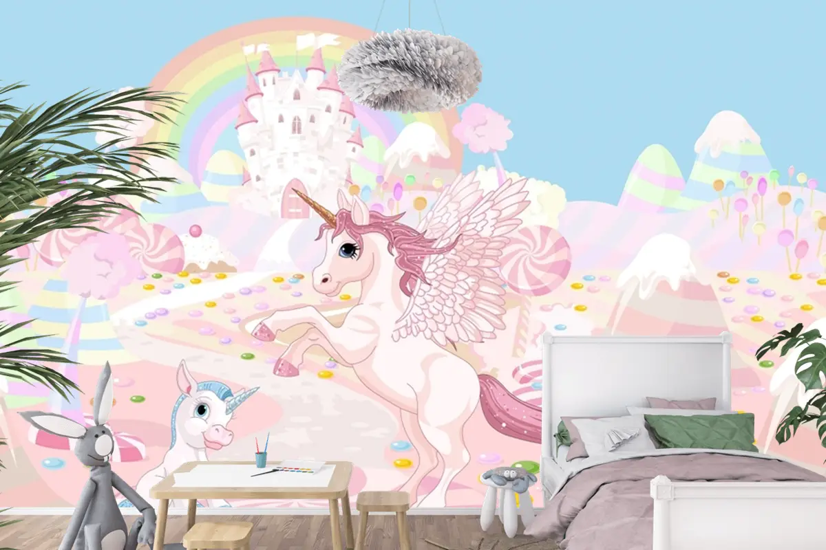 Unicorn Ve Gökkuşağı Duvar Sanatı Çocuk Odası Duvar Kağıdı