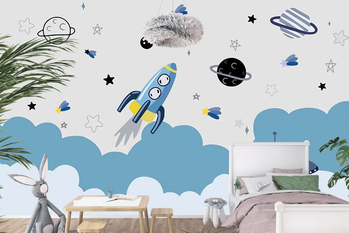 Uzay Temalı Çocuk Odası Duvar Kağıdı Astronot Çocuk Odası Duvar Kağıdı