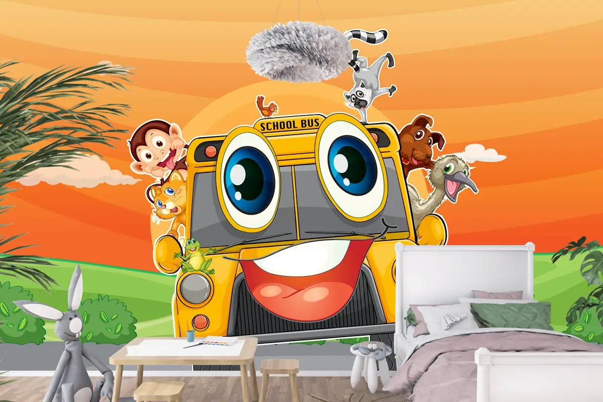 Okul Otobüsünde Çeşitli Hayvanlar Çocuk Odası Duvar Kağıdı