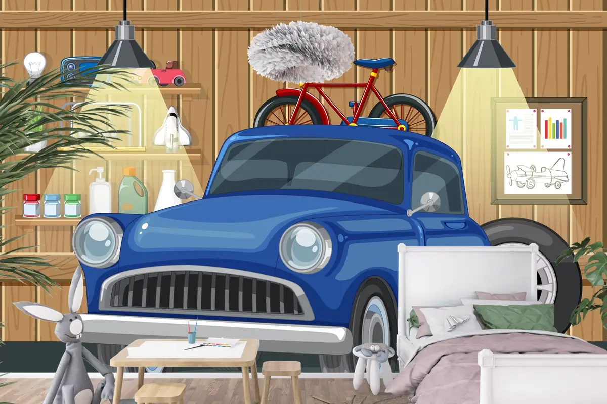 Ahşap Garajda Eski Model Araba Ve Bisiklet Çocuk Odası Duvar Kağıdı