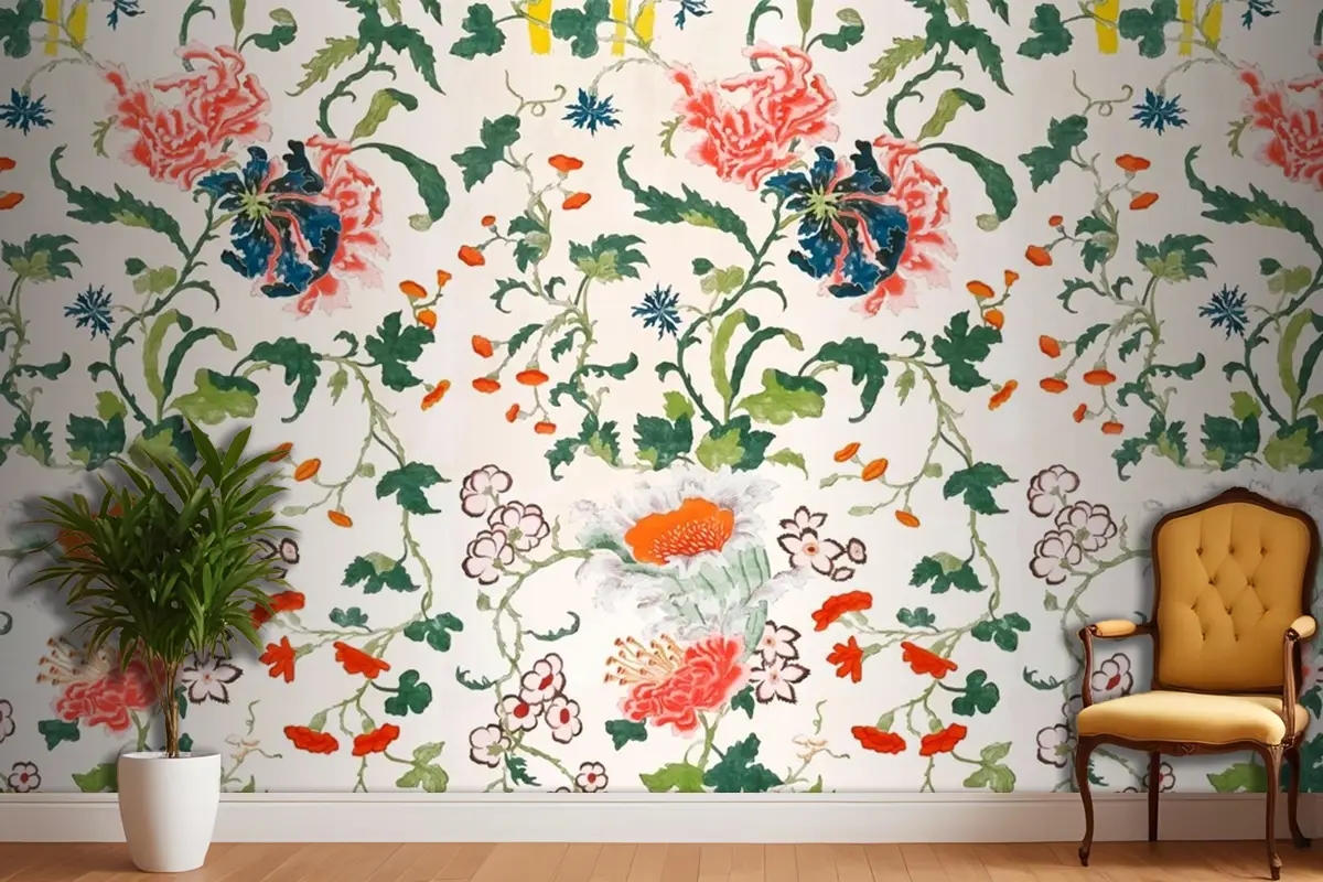 Vintage Çiçek Desenli Duvar Kağıdı 