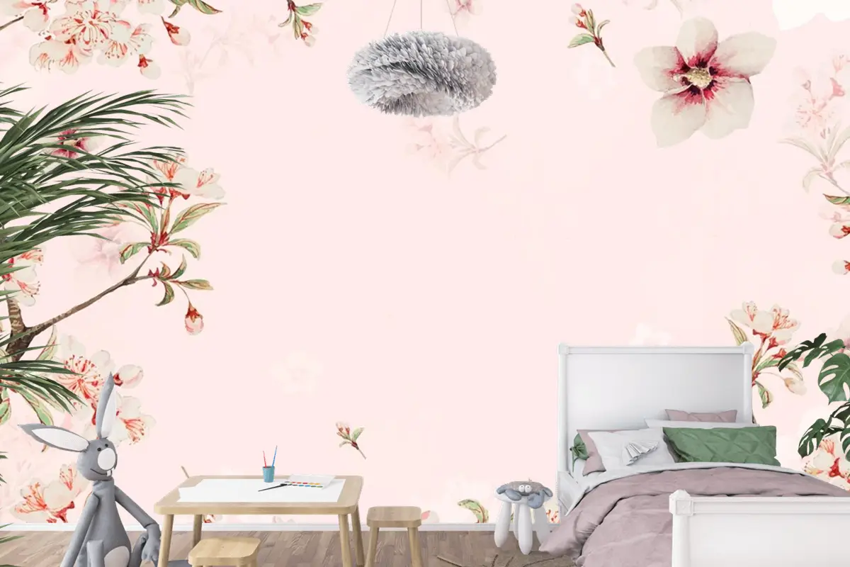 Vintage Japon Çiçek Arka Plan Şeftali Çiçekleri Çocuk Odası Duvar Kağıdı