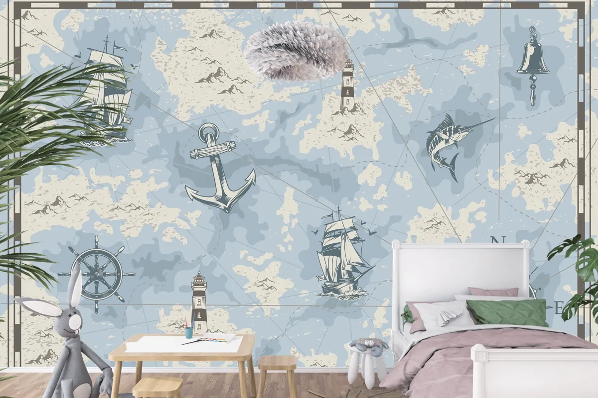 Vintage Denizcilik Eski Harita Çocuk Odası Duvar Kağıdı 