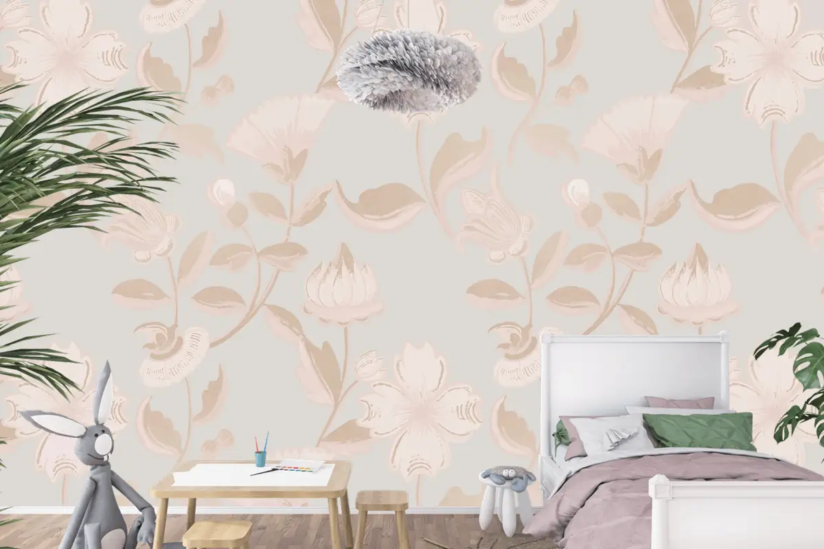Vintage Nötr Çiçek Desenli Çocuk Odası Duvar Kağıdı 