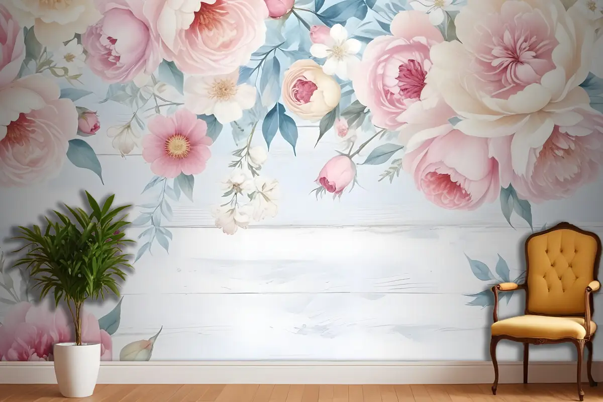 Vintage Suluboya Pembe Çiçekler Duvar Kağıdı