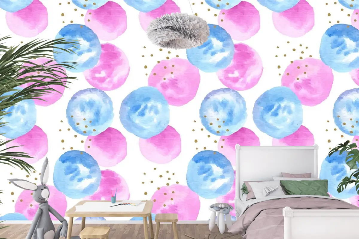 Suluboya Soyut Dairesel Noktalar Dikişsiz Desen Çocuk Odası Duvar Kağıdı
