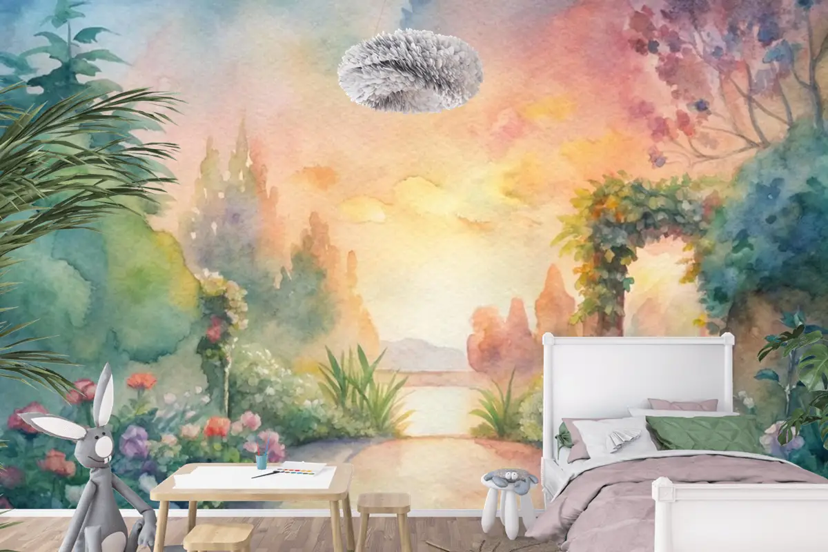 Çiçek Bahçesi Çocuk Odası Duvar Kağıdı  İçeren Suluboya Arka Plan