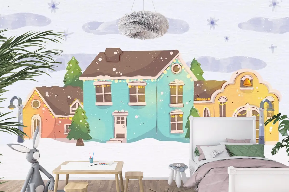 Suluboya Noel Kasabası Çocuk Odası Duvar Kağıdı
