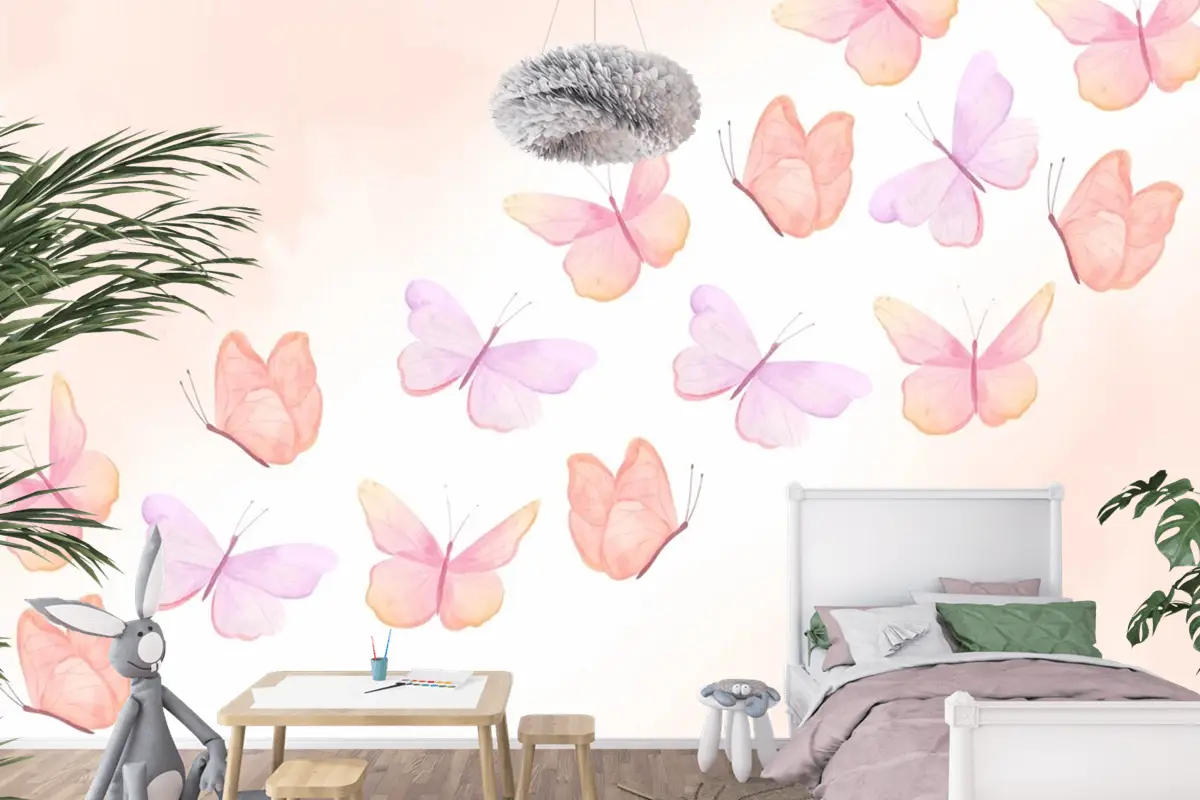 Suluboya Renkli Kelebek Arka Plan Çocuk Odası Duvar Kağıdı 