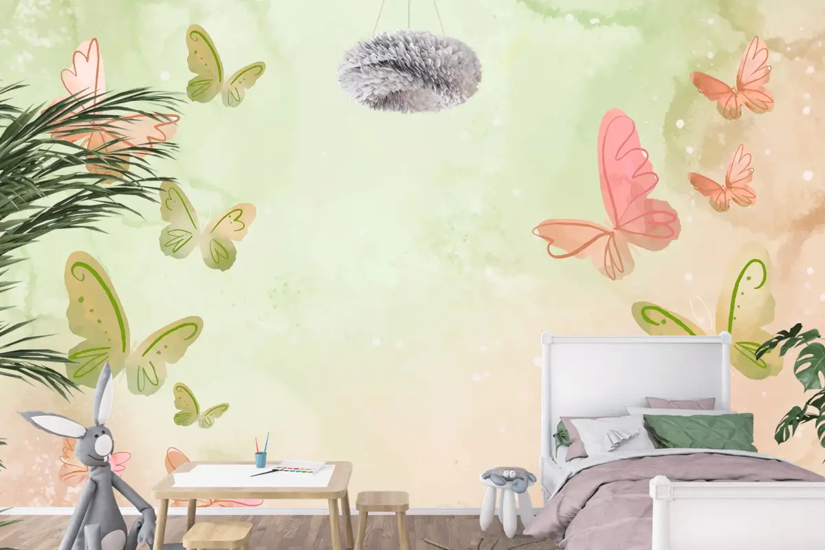 Suluboya Renkli Kelebek Arka Plan Çocuk Odası Duvar Kağıdı 