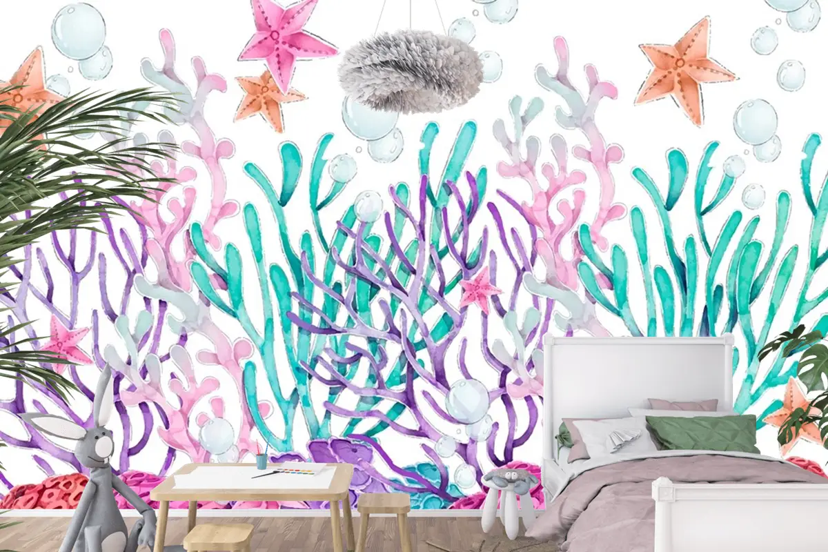 Suluboya Renkli Mercan Arka Plan Çocuk Odası Duvar Kağıdı 