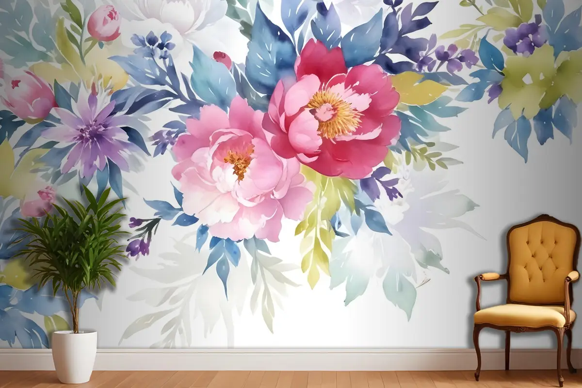 Suluboya Renkli Şakayık Çiçekleri Duvar Kağıdı 