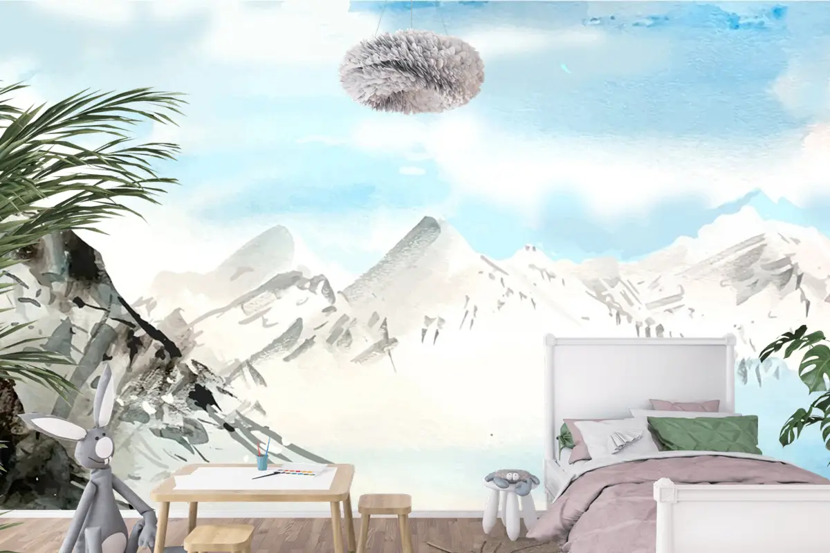 Suluboya Gündüz Dağları Arka Plan Çocuk Odası Duvar Kağıdı 