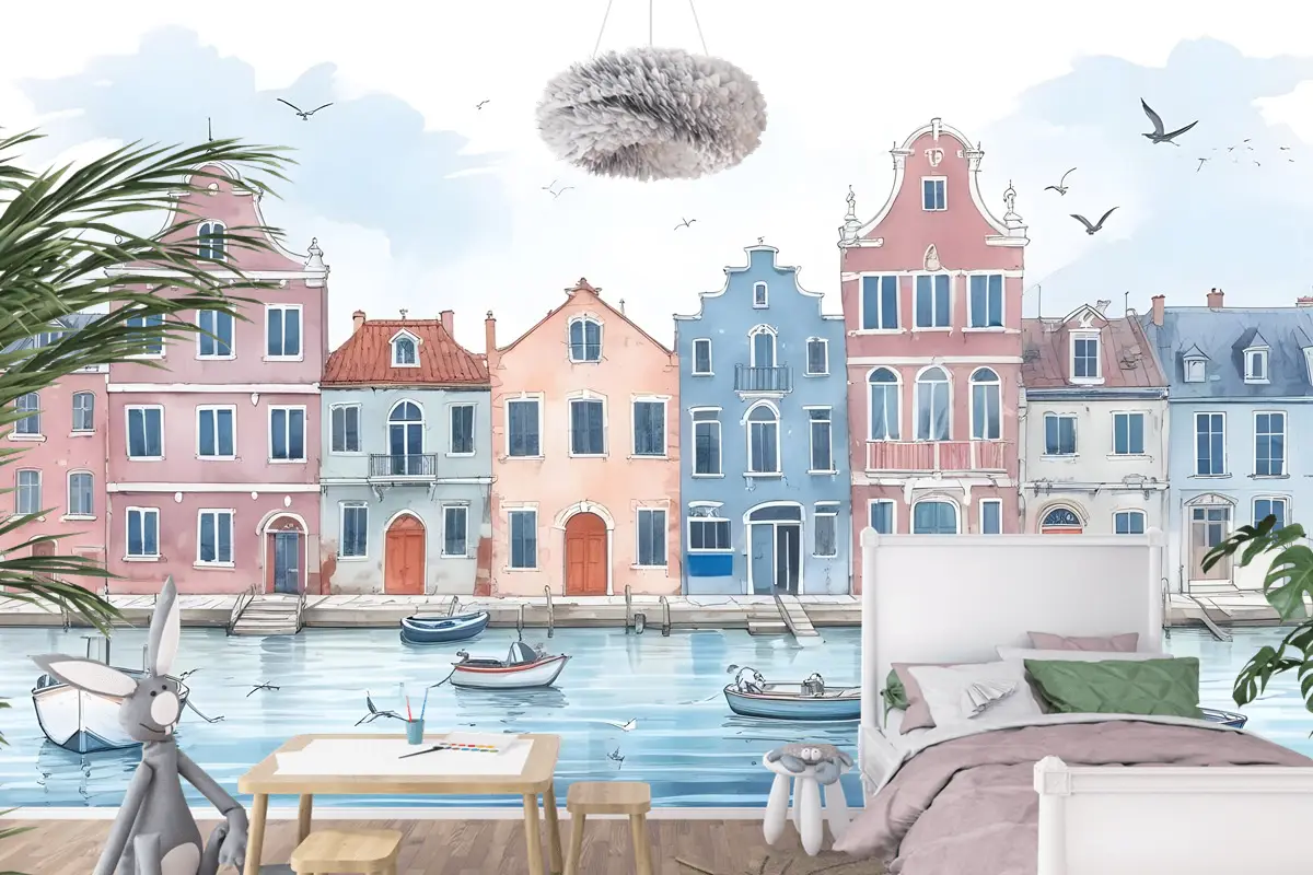 Çocuklar Için Suluboya Hollandalı Evler Çocuk Odası Duvar Kağıdı