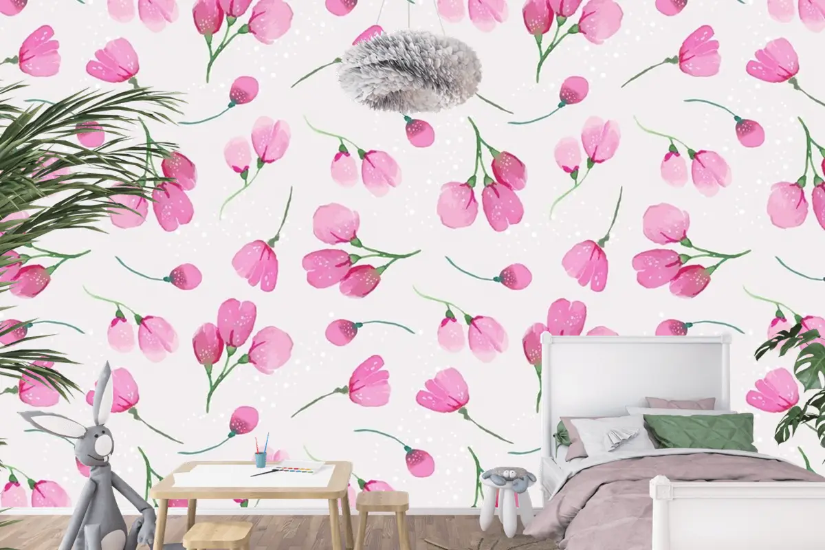Suluboya Çiçek Desenli Tasarım Çocuk Odası Duvar Kağıdı 