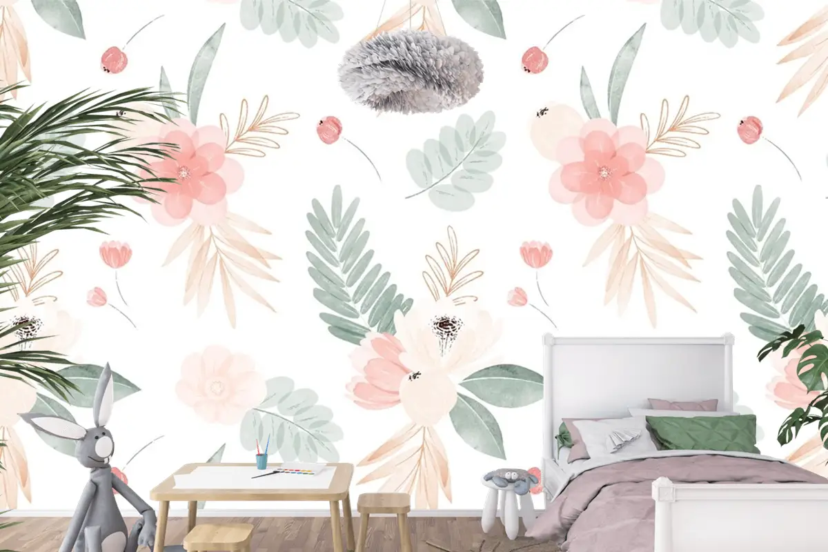 Suluboya Çiçek Çizim Arka Plan Çocuk Odası Duvar Kağıdı
