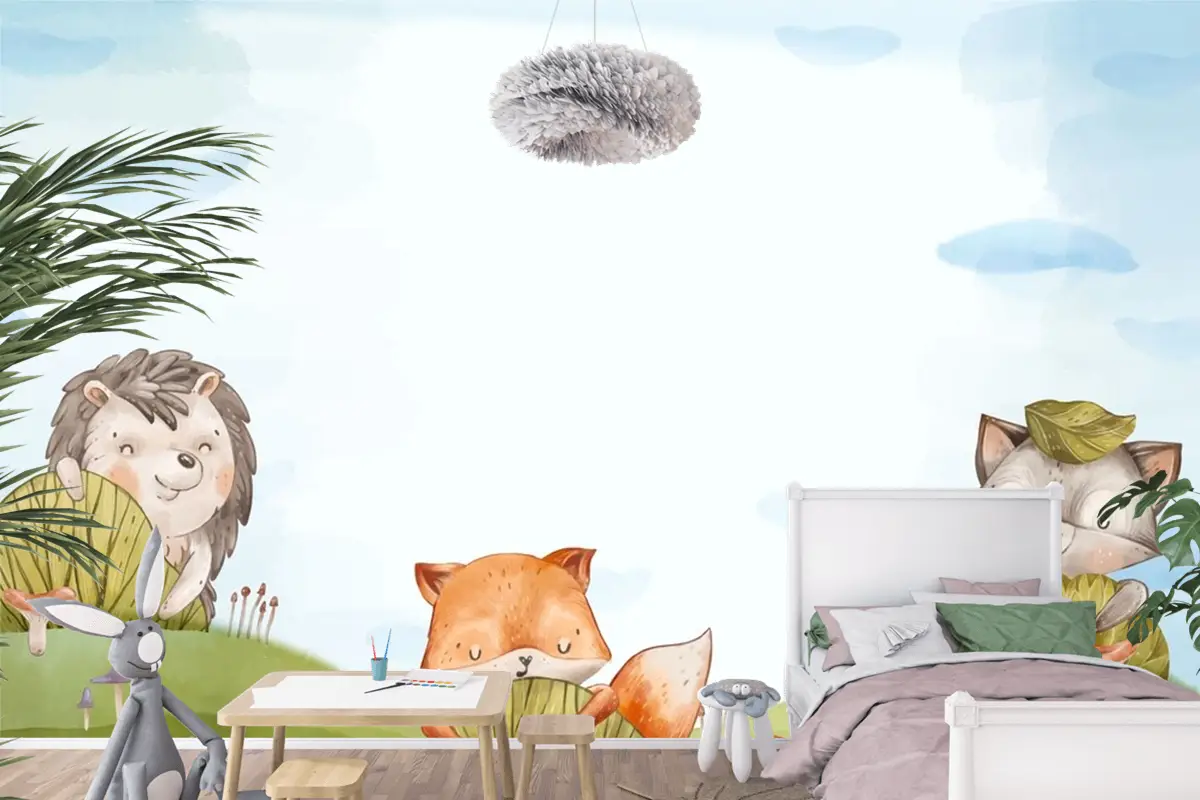 Suluboya Orman Hayvanları Arka Plan Çocuk Odası Duvar Kağıdı 